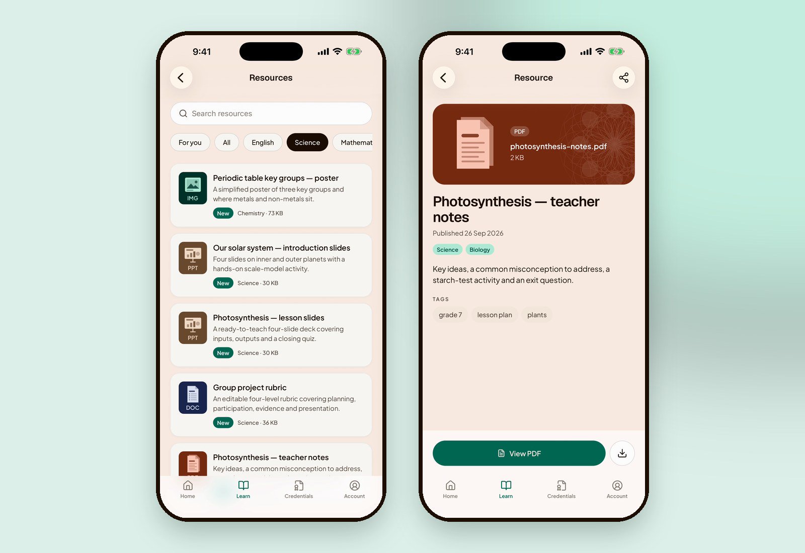 The Resources library in the myTPC app's Learn tab, filtered to Science, and a resource page with its description, subject and tags.