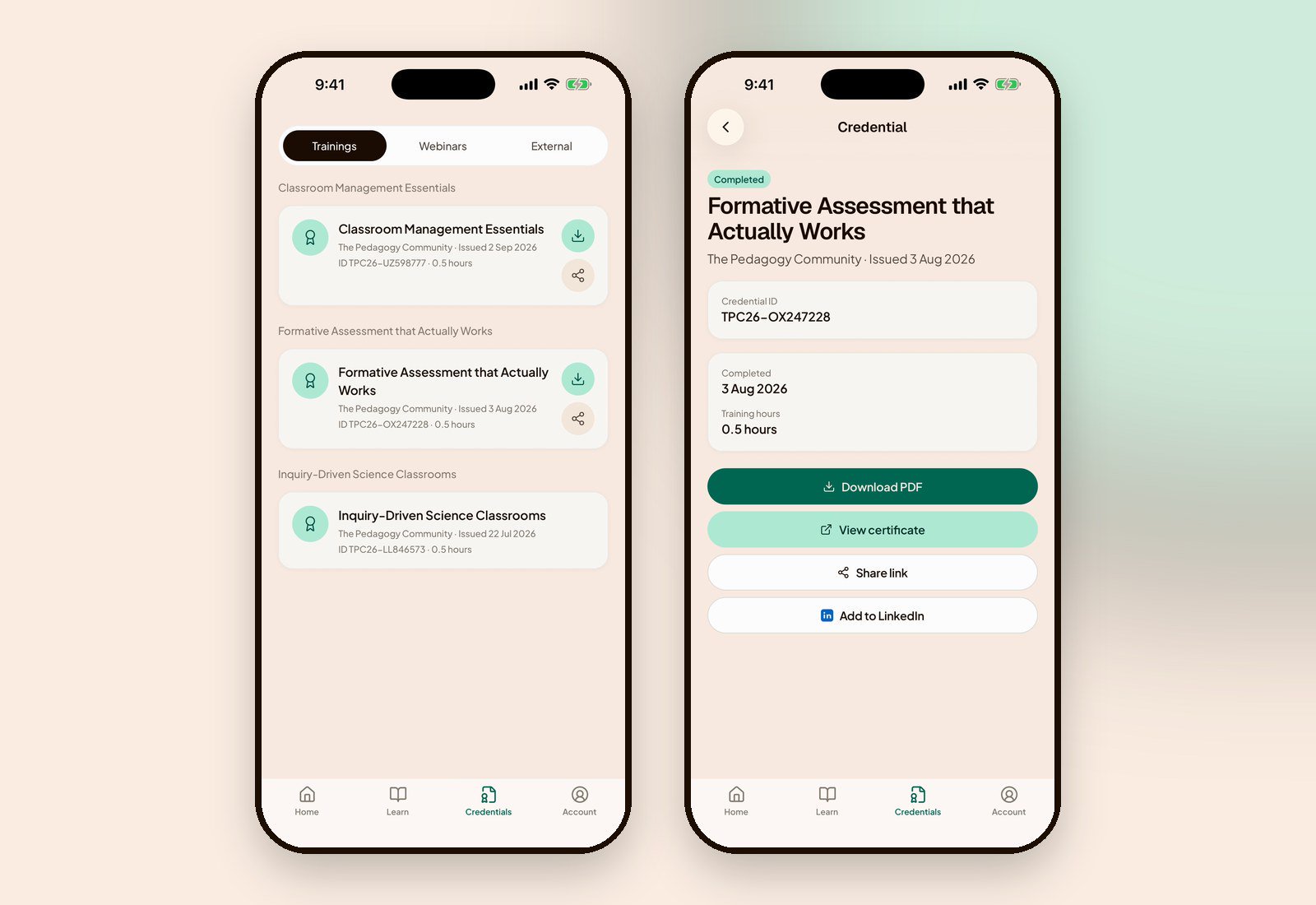 The myTPC app's Credentials tab: each certificate shows its credential ID, completion date and training hours, with options to download the PDF, view the certificate or share a link.